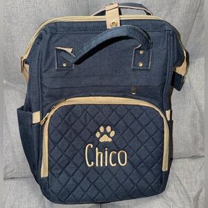 New Navy Blue Quilted Pet’s Backpack with Embroidered Name “Chico”